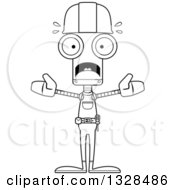 Lineart Clipart Of A Cartoon Black And White Skinny Scared Robot Construction Worker Royalty Free Outline Vector Illustration