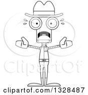 Lineart Clipart Of A Cartoon Black And White Skinny Scared Robot Cowboy Royalty Free Outline Vector Illustration
