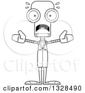 Lineart Clipart Of A Cartoon Black And White Skinny Scared Robot Doctor Royalty Free Outline Vector Illustration