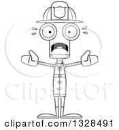 Lineart Clipart Of A Cartoon Black And White Skinny Scared Robot Firefighter Royalty Free Outline Vector Illustration
