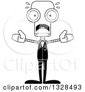 Lineart Clipart Of A Cartoon Black And White Skinny Scared Robot Groom Royalty Free Outline Vector Illustration