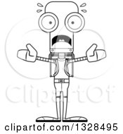 Lineart Clipart Of A Cartoon Black And White Skinny Scared Robot Hiker Royalty Free Outline Vector Illustration