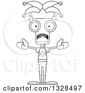 Lineart Clipart Of A Cartoon Black And White Skinny Scared Robot Jester Royalty Free Outline Vector Illustration