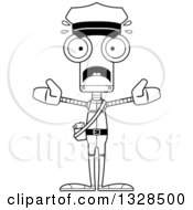 Lineart Clipart Of A Cartoon Black And White Skinny Scared Robot Mailman Royalty Free Outline Vector Illustration