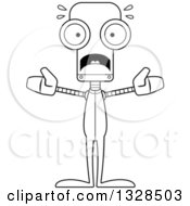 Lineart Clipart Of A Cartoon Black And White Skinny Scared Robot In Pjs Royalty Free Outline Vector Illustration