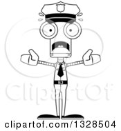 Lineart Clipart Of A Cartoon Black And White Skinny Scared Robot Police Officer Royalty Free Outline Vector Illustration