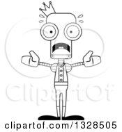 Lineart Clipart Of A Cartoon Black And White Skinny Scared Robot Prince Royalty Free Outline Vector Illustration