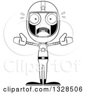 Lineart Clipart Of A Cartoon Black And White Skinny Scared Robot Race Car Driver Royalty Free Outline Vector Illustration
