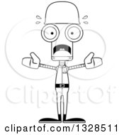 Lineart Clipart Of A Cartoon Black And White Skinny Scared Soldier Robot Royalty Free Outline Vector Illustration