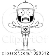 Lineart Clipart Of A Cartoon Black And White Skinny Scared Astronaut Robot Royalty Free Outline Vector Illustration