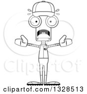 Lineart Clipart Of A Cartoon Black And White Skinny Scared Baseball Robot Royalty Free Outline Vector Illustration