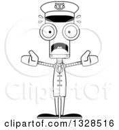 Lineart Clipart Of A Cartoon Black And White Skinny Scared Robot Captain Royalty Free Outline Vector Illustration