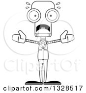 Lineart Clipart Of A Cartoon Black And White Skinny Scared Business Robot Royalty Free Outline Vector Illustration