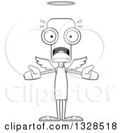 Lineart Clipart Of A Cartoon Black And White Skinny Scared Angel Robot Royalty Free Outline Vector Illustration