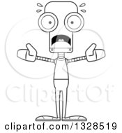 Lineart Clipart Of A Cartoon Black And White Skinny Scared Casual Robot Royalty Free Outline Vector Illustration