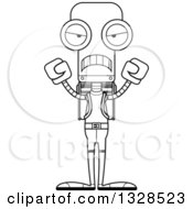 Lineart Clipart Of A Cartoon Black And White Skinny Mad Robot Hiker Royalty Free Outline Vector Illustration