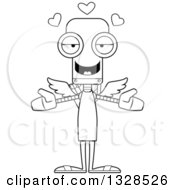 Lineart Clipart Of A Cartoon Black And White Skinny Robot Cupid With Open Arms And Hearts Royalty Free Outline Vector Illustration