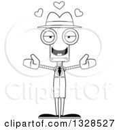 Poster, Art Print Of Cartoon Black And White Skinny Robot Detective With Open Arms And Hearts