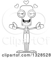 Lineart Clipart Of A Cartoon Black And White Skinny Robot Doctor With Open Arms And Hearts Royalty Free Outline Vector Illustration