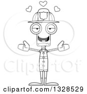 Lineart Clipart Of A Cartoon Black And White Skinny Robot Firefighter With Open Arms And Hearts Royalty Free Outline Vector Illustration
