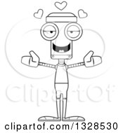 Lineart Clipart Of A Cartoon Black And White Skinny Fit Robot With Open Arms And Hearts Royalty Free Outline Vector Illustration