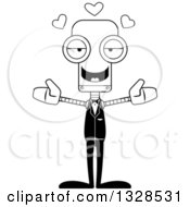 Lineart Clipart Of A Cartoon Black And White Skinny Groom Robot With Open Arms And Hearts Royalty Free Outline Vector Illustration