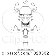 Lineart Clipart Of A Cartoon Black And White Skinny Hermes Robot With Open Arms And Hearts Royalty Free Outline Vector Illustration