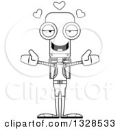 Lineart Clipart Of A Cartoon Black And White Skinny Hiker Robot With Open Arms And Hearts Royalty Free Outline Vector Illustration