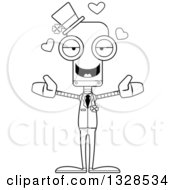 Lineart Clipart Of A Cartoon Black And White Skinny Irish St Patricks Day Robot With Open Arms And Hearts Royalty Free Outline Vector Illustration