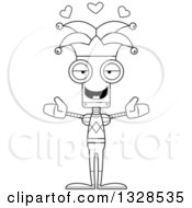 Lineart Clipart Of A Cartoon Black And White Skinny Jester Robot With Open Arms And Hearts Royalty Free Outline Vector Illustration