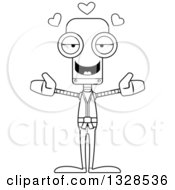 Lineart Clipart Of A Cartoon Black And White Skinny Karate Robot With Open Arms And Hearts Royalty Free Outline Vector Illustration