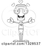 Lineart Clipart Of A Cartoon Black And White Skinny Robot Lifeguard With Open Arms And Hearts Royalty Free Outline Vector Illustration