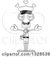 Lineart Clipart Of A Cartoon Black And White Skinny Mailman Robot With Open Arms And Hearts Royalty Free Outline Vector Illustration