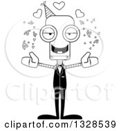 Lineart Clipart Of A Cartoon Black And White Skinny Party Robot With Open Arms And Hearts Royalty Free Outline Vector Illustration