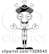 Poster, Art Print Of Cartoon Black And White Skinny Pirate Robot With Open Arms And Hearts