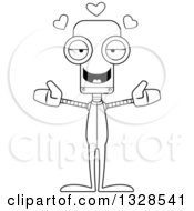 Lineart Clipart Of A Cartoon Black And White Skinny Robot In Pajamas With Open Arms And Hearts Royalty Free Outline Vector Illustration