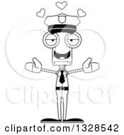 Poster, Art Print Of Cartoon Black And White Skinny Police Officer Robot With Open Arms And Hearts