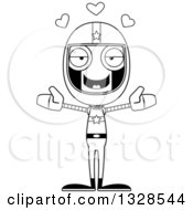 Lineart Clipart Of A Cartoon Black And White Skinny Race Car Driver Robot With Open Arms And Hearts Royalty Free Outline Vector Illustration