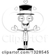 Lineart Clipart Of A Cartoon Black And White Skinny Circus Ringmaster Robot With Open Arms And Hearts Royalty Free Outline Vector Illustration