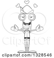 Lineart Clipart Of A Cartoon Black And White Skinny Robin Hood Robot With Open Arms And Hearts Royalty Free Outline Vector Illustration