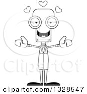 Lineart Clipart Of A Cartoon Black And White Skinny Robot Scientist With Open Arms And Hearts Royalty Free Outline Vector Illustration