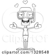 Lineart Clipart Of A Cartoon Black And White Skinny Snorkel Robot With Open Arms And Hearts Royalty Free Outline Vector Illustration