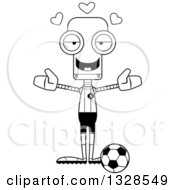 Lineart Clipart Of A Cartoon Black And White Skinny Soccer Robot With Open Arms And Hearts Royalty Free Outline Vector Illustration