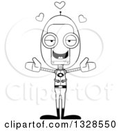 Lineart Clipart Of A Cartoon Black And White Skinny Futuristic Space Robot With Open Arms And Hearts Royalty Free Outline Vector Illustration
