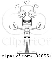 Poster, Art Print Of Cartoon Black And White Skinny Super Hero Robot With Open Arms And Hearts