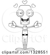 Lineart Clipart Of A Cartoon Black And White Skinny Super Hero Robot With Open Arms And Hearts Royalty Free Outline Vector Illustration