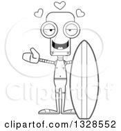 Lineart Clipart Of A Cartoon Black And White Skinny Surfer Robot With Open Arms And Hearts Royalty Free Outline Vector Illustration