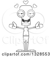 Lineart Clipart Of A Cartoon Black And White Skinny Swimmer Robot With Open Arms And Hearts Royalty Free Outline Vector Illustration