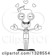 Lineart Clipart Of A Cartoon Black And White Skinny Professor Robot With Open Arms And Hearts Royalty Free Outline Vector Illustration