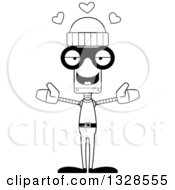 Lineart Clipart Of A Cartoon Black And White Skinny Robber Robot With Open Arms And Hearts Royalty Free Outline Vector Illustration